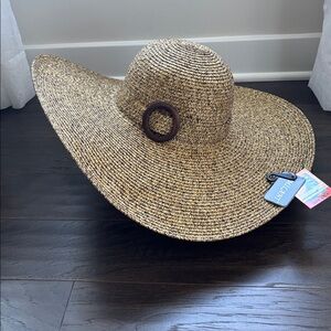 Melani  UPF 50+ floppy Sun Hat, wood buckle band, trim, 6” beim,adjustable